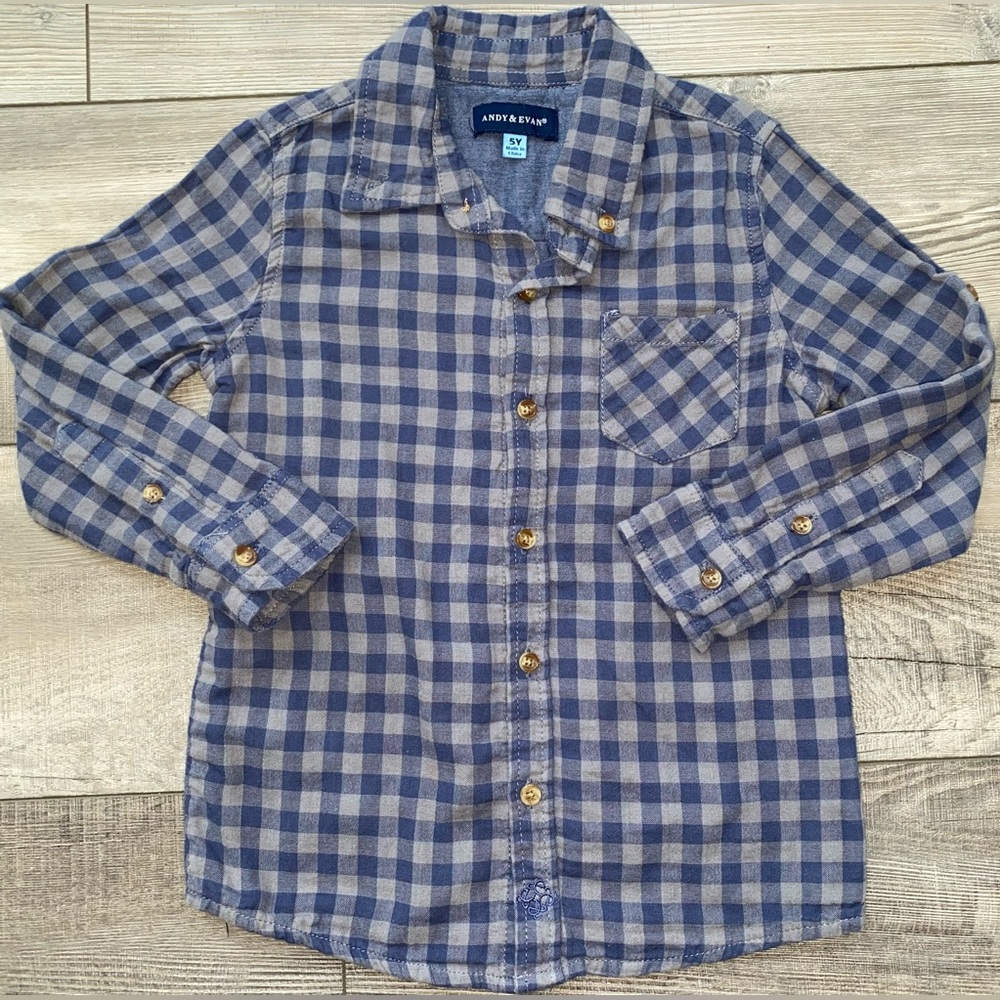 Andy & Evan Gray Navy Blue Flannel Plaid Button Down Long Sleeve Shirt Boys 5 5Y